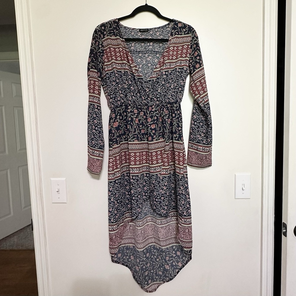 Love Culture Asymmetric Wrap Dress Medium Blue Red Elastic Waist V-Neck Floral